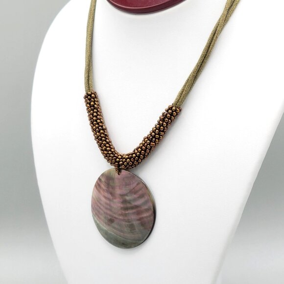 Lia Sophia Corded Bronze Beaded Necklace MOP Mother of Pearl Pendant 16 in - Picture 4 of 7